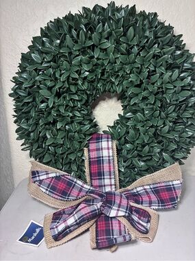 Marshalls Green Boxwood Wreath with Red and Navy Plaid Burlap Bow